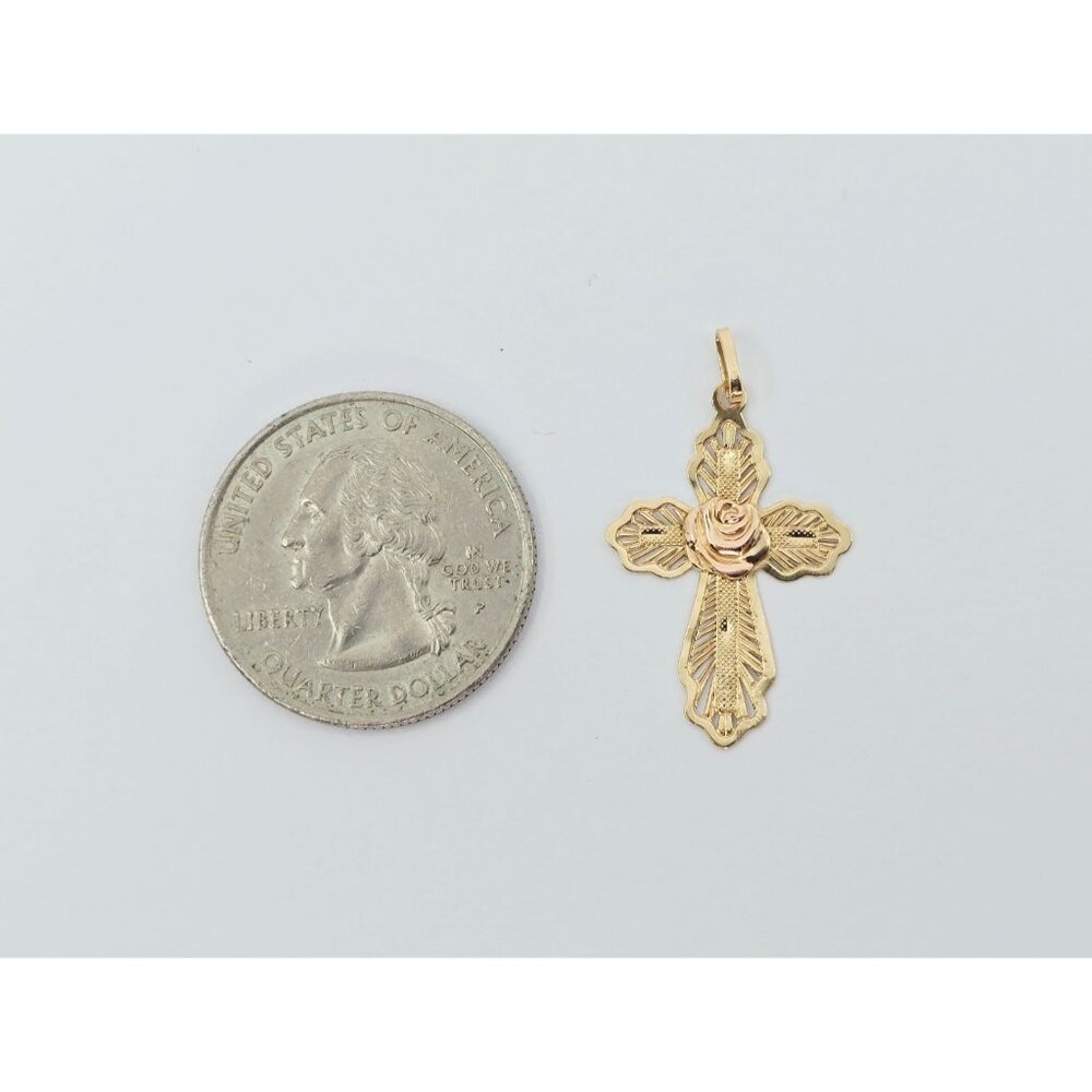 Unique 14K Two Tone Multi Color Gold Religious Floral Flower Cross Charm Pendant - Picture 10 of 11